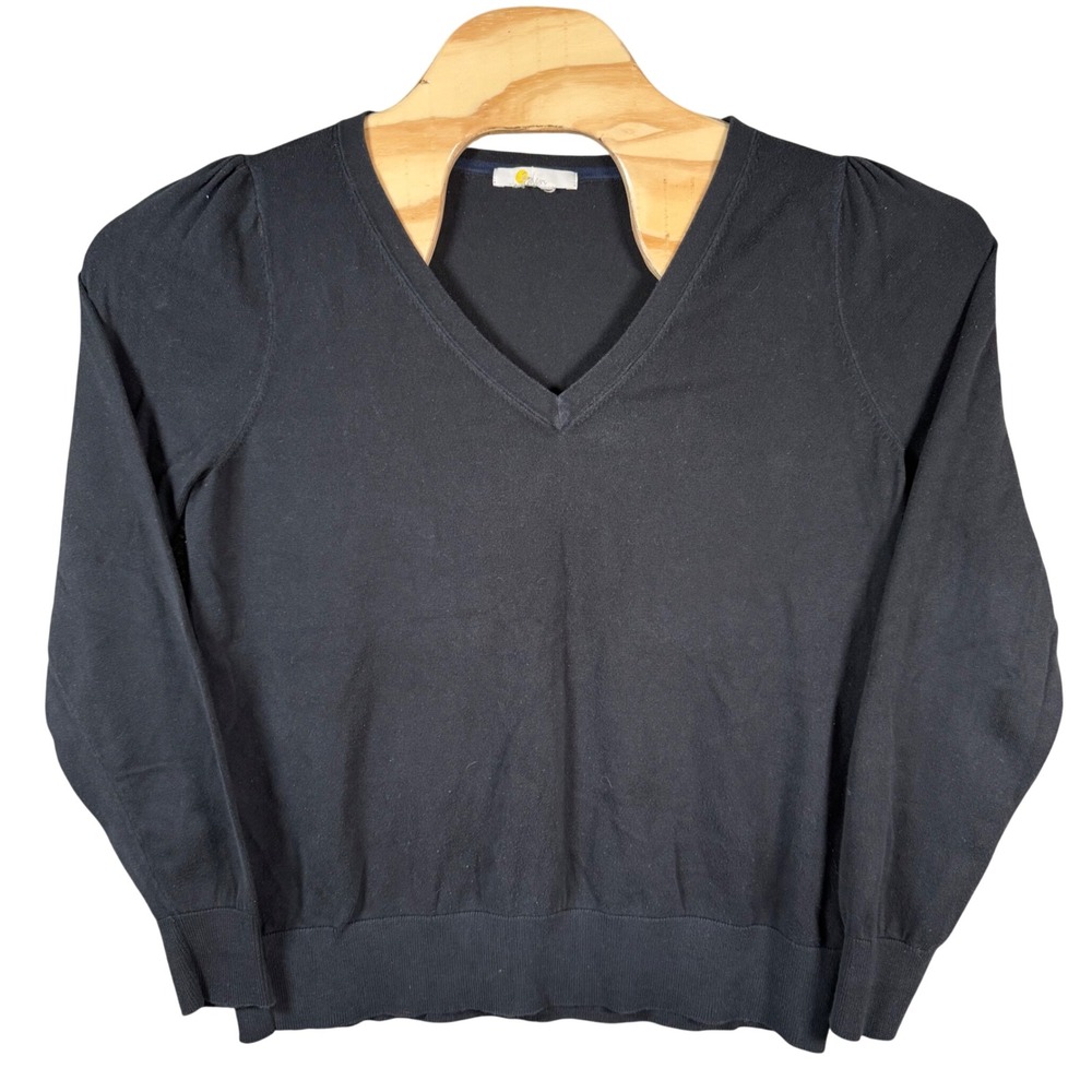 Boden Puff‎ Shoulder V-Neck Sweater Women Small Black Long Sleeve Knit Pullover